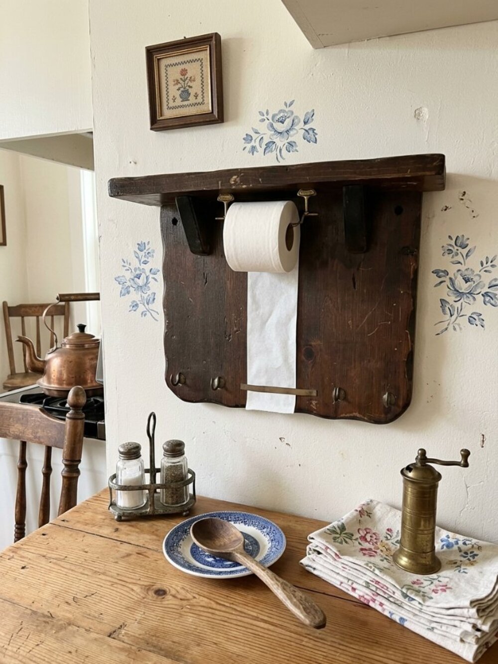 Vintage Primitive Wooden Kitchen Memo Roll Holder with Shelf and Hooks